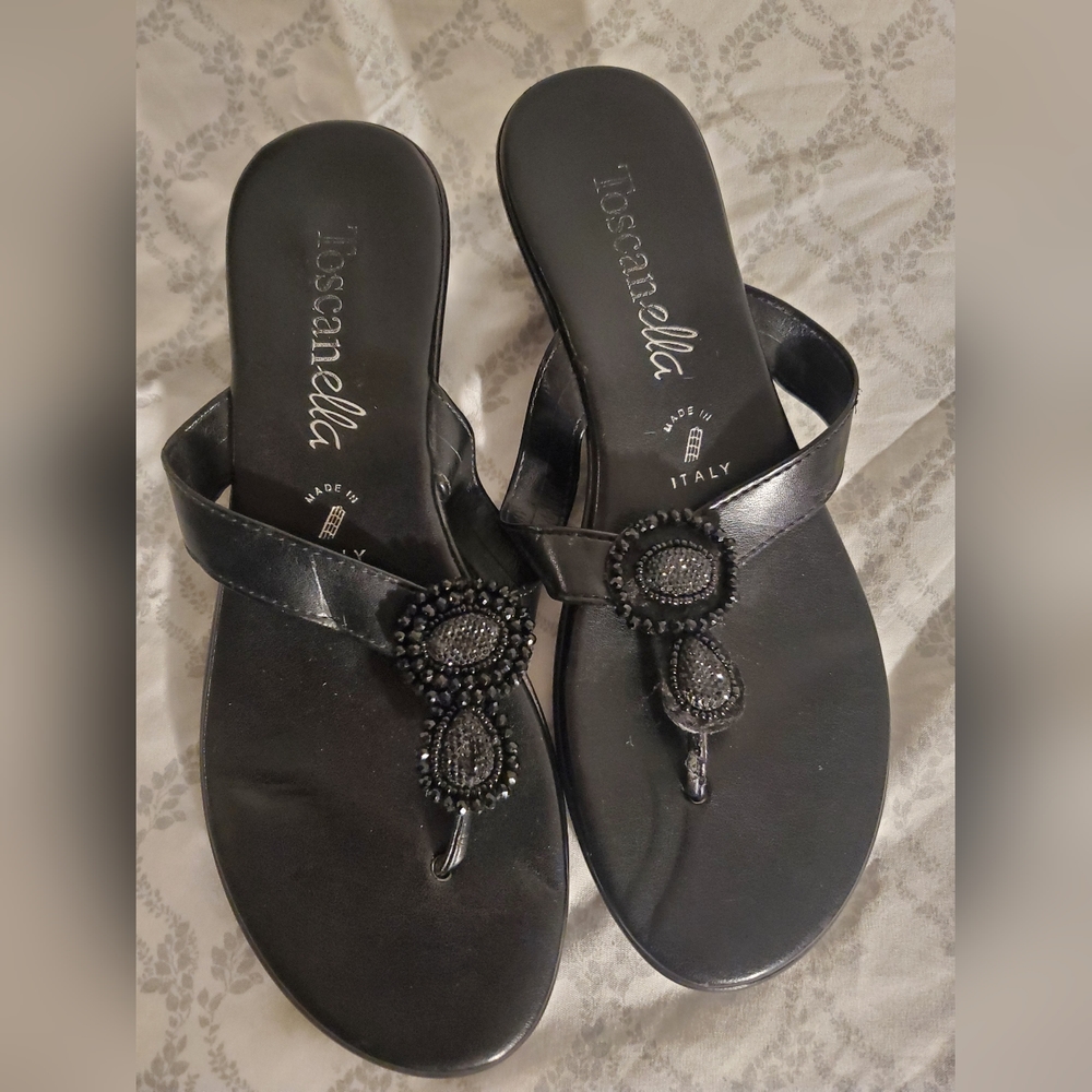 TOSCANELLA~ Black Jeweled Sandal Wedge Heel Shoe ~Made in Italy ~Womens Size 7